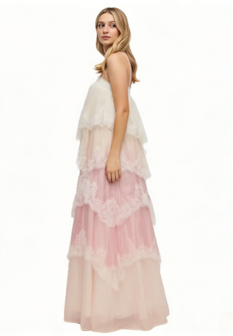 French Lace Tiered Maxi Dress Spaghetti Strap Boho Vacation Evening Gown K26040708