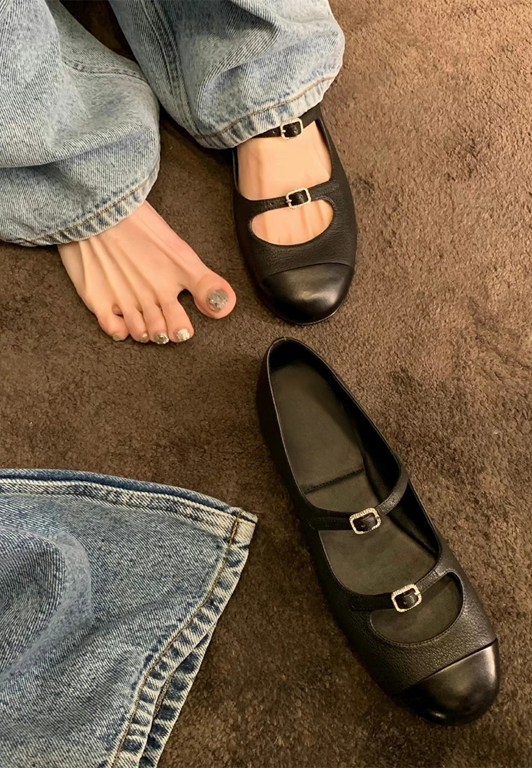 Genuine leather French rhinestone soft-soled small heels CA25030317BK