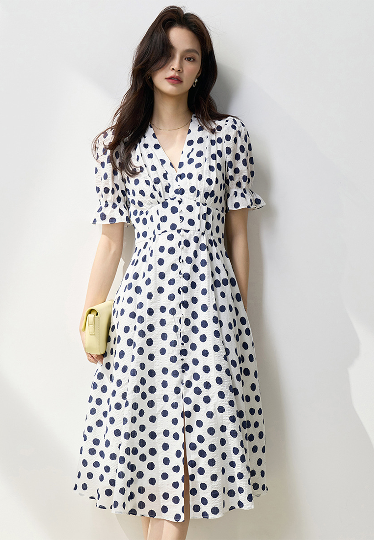 New summer French puff sleeve mid-length polka dot dress CA25052906W