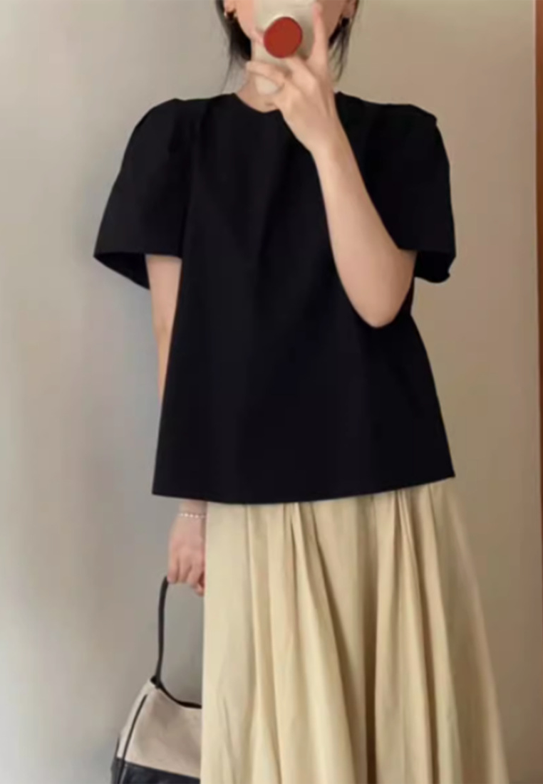 Korean Black Lace-up Round Neck Puff Sleeve Shirt CA25061706BK