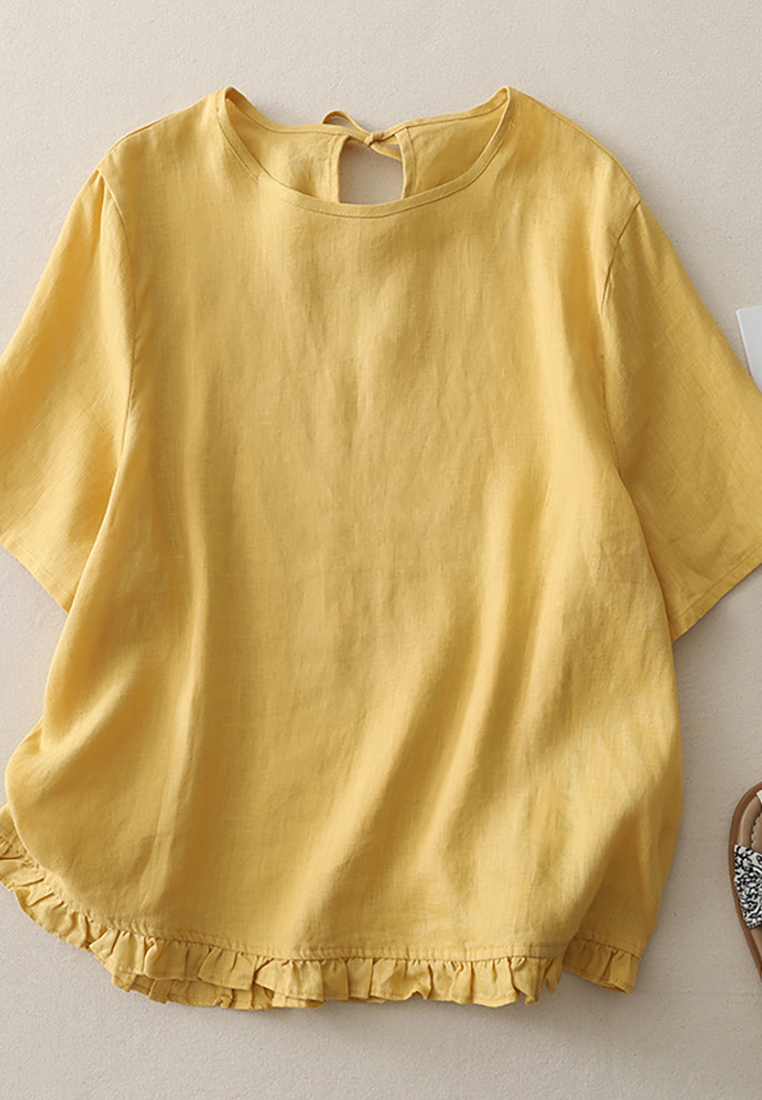 Summer linen tie round neck short-sleeved shirt CA25070906W