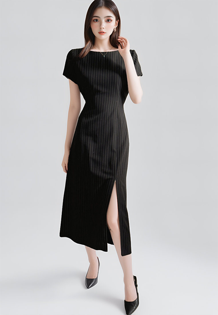 Summer French slim-fit slit striped dress CA25070906BK