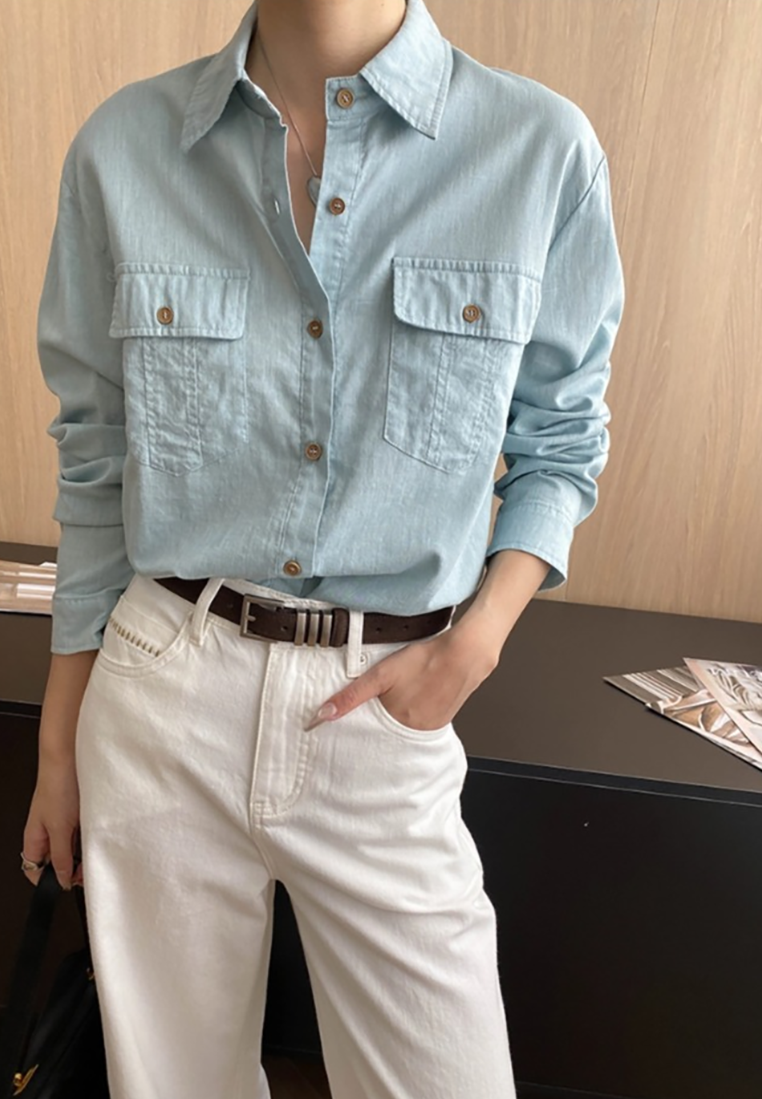 Early Autumn New Tencel Linen Double Pocket Commuter Shirt CA25092506BL