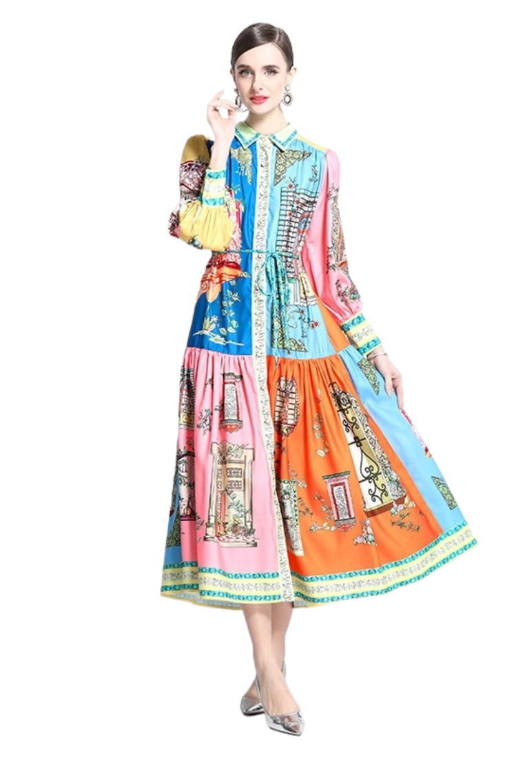 2025 Retro Lantern Sleeve Printed Dress CA25031206MT