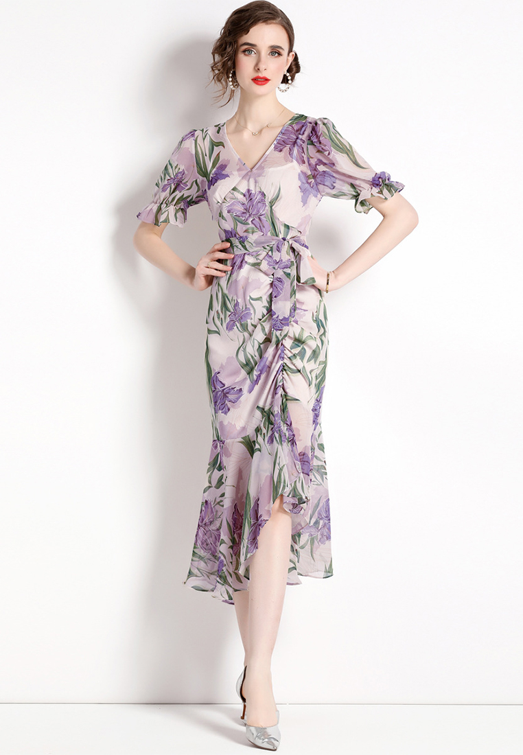 New Purple Temperament Printed Fragmented Flower Dress CA100506