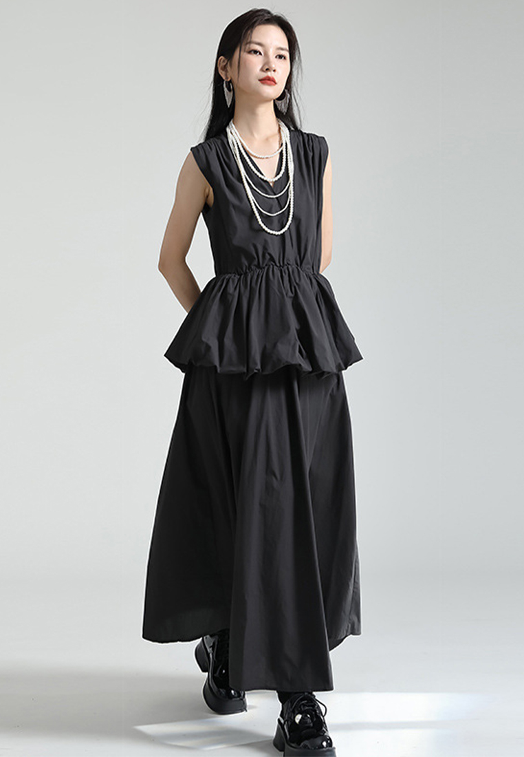 2024 Japanese style style V-neck ruffled flower bud shirt dress CA24030106BK