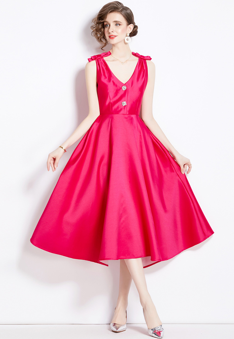 2024 French Bow Tie Waist Slimming Dress with Hanging Strap Dress CA4021906RD