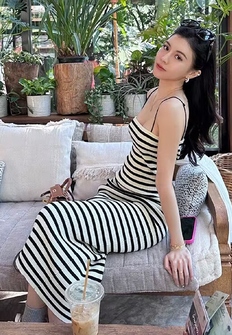 Summer striped knitted suspender sleeveless tube top dress CA24050606