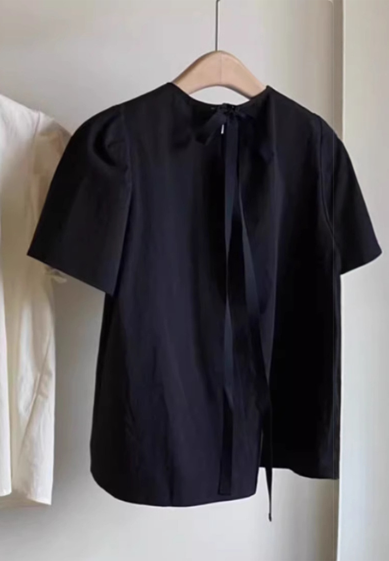 Korean Black Lace-up Round Neck Puff Sleeve Shirt CA25061706BK