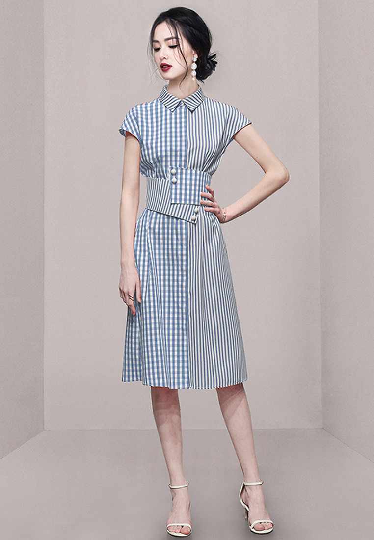 New plaid spliced waistband waist cinching dress CA250325306BL