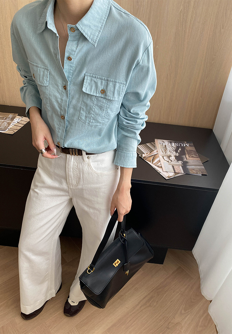 Early Autumn New Tencel Linen Double Pocket Commuter Shirt CA25092506BL