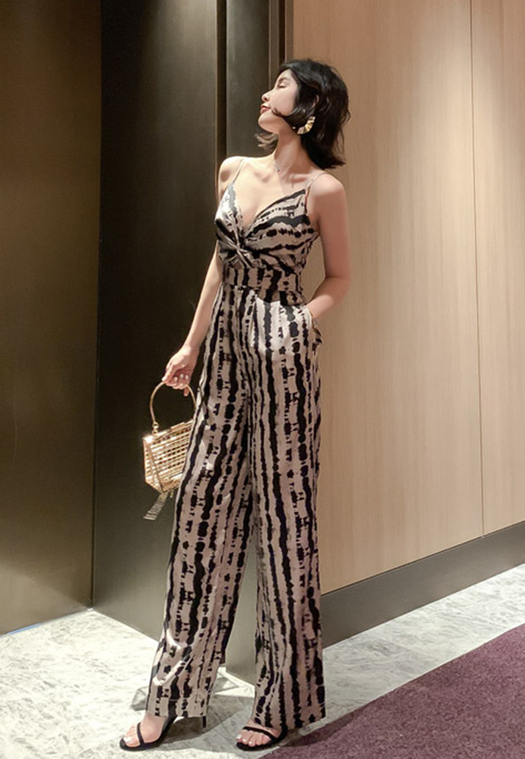Korean Midi Leisure Vacation Striped V-neck Open Back Wide-leg Jumpsuit A21022225