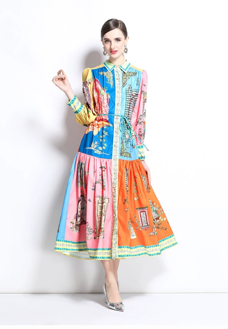 2025 Retro Lantern Sleeve Printed Dress CA25031206MT