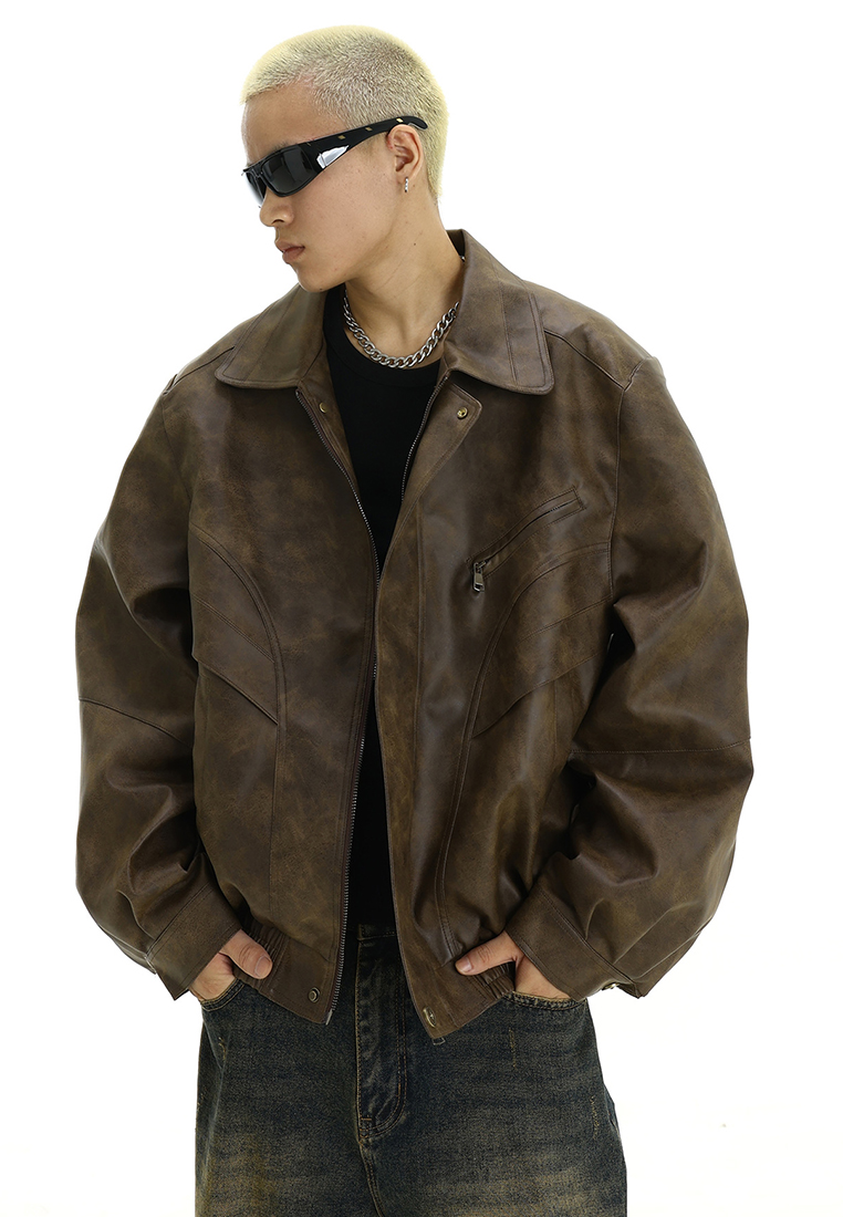 Retro brown leather jacket CA24101406BW