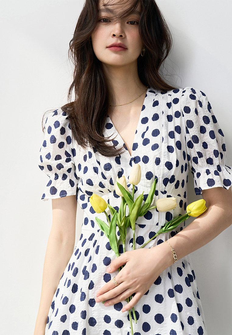 New summer French puff sleeve mid-length polka dot dress CA25052906W