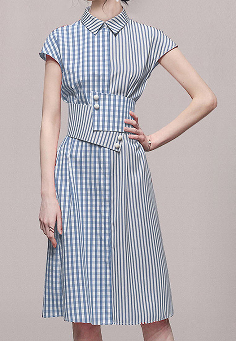 New plaid spliced waistband waist cinching dress CA250325306BL