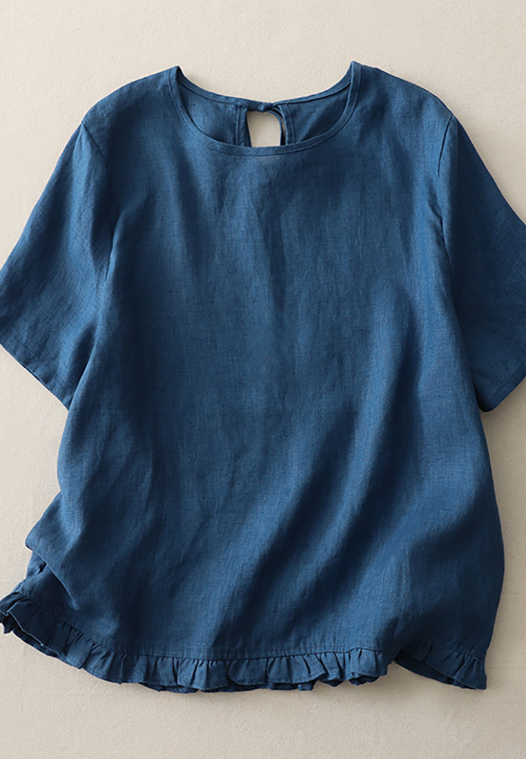 Summer linen tie round neck short-sleeved shirt CA25070906W