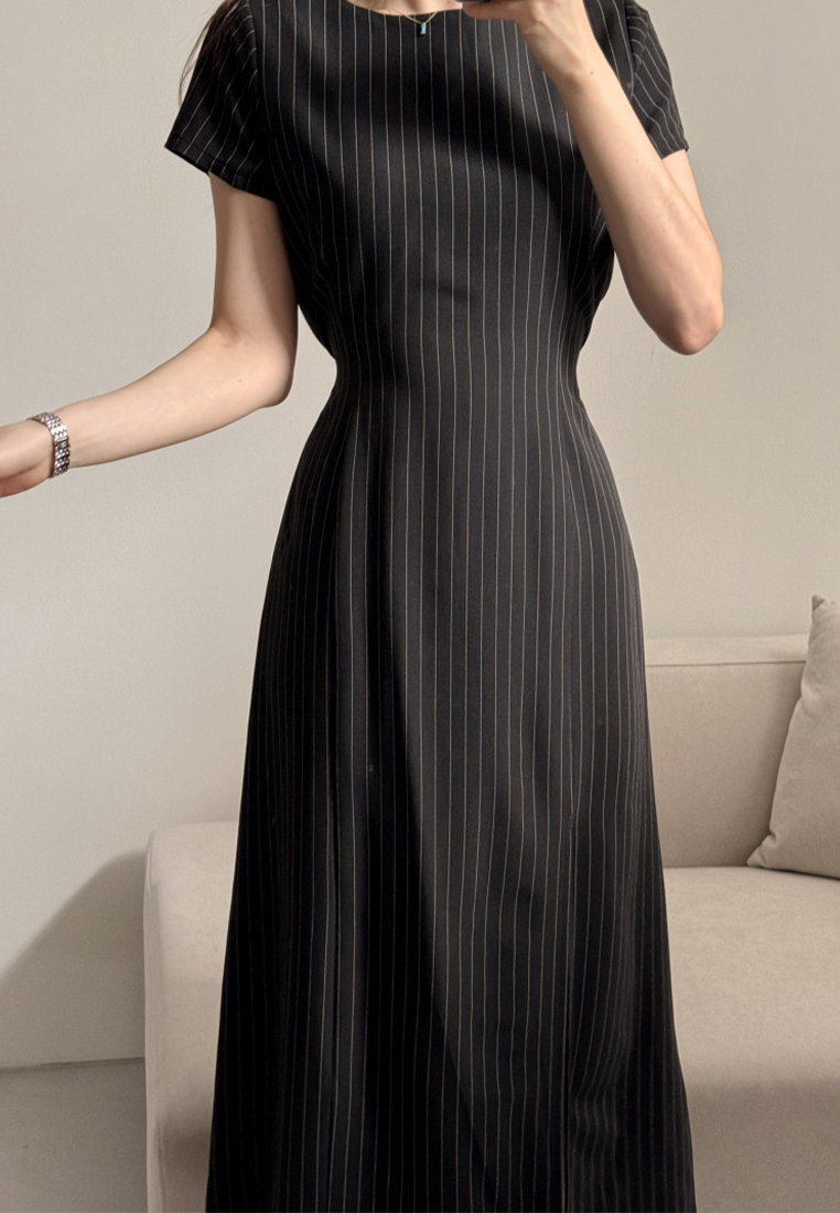 Summer French slim-fit slit striped dress CA25070906BK