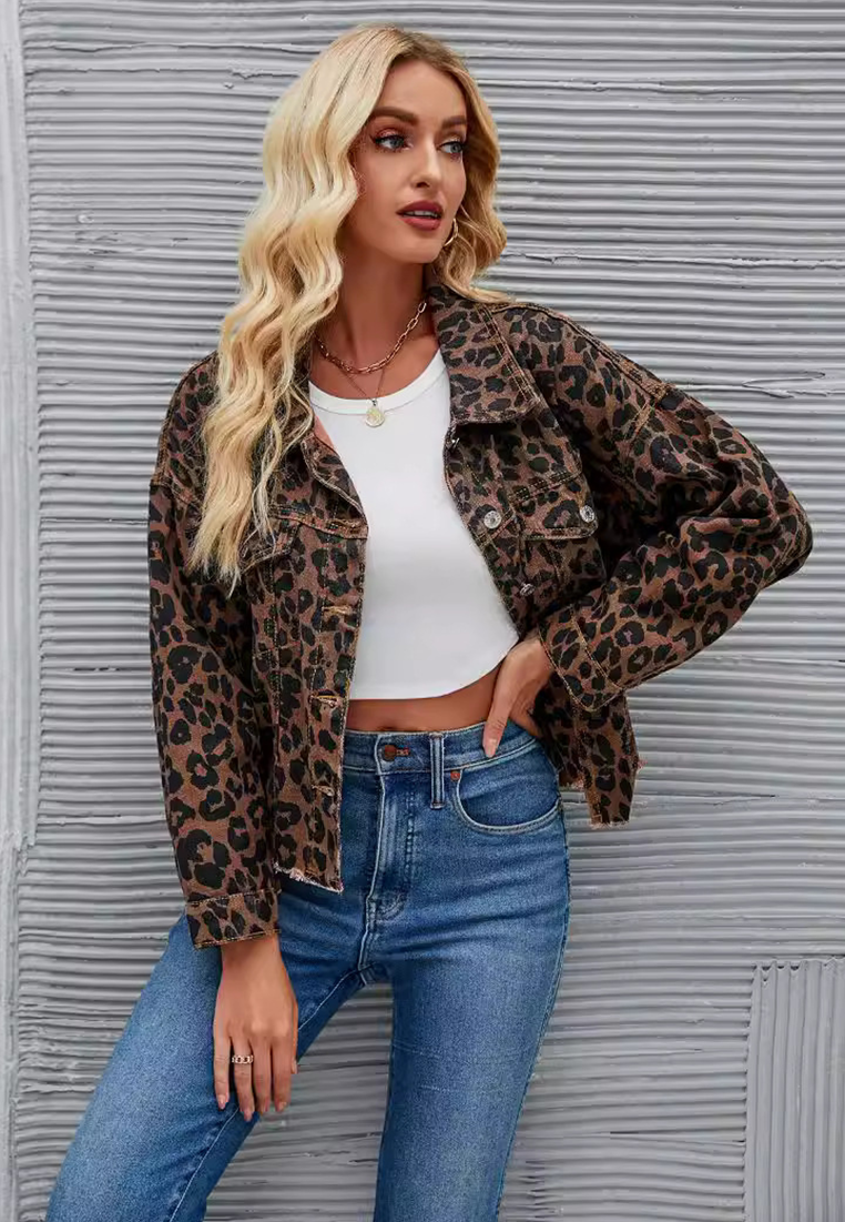 Autumn and Winter New Leopard Print Casual Denim Short Jacket CA25091505BW