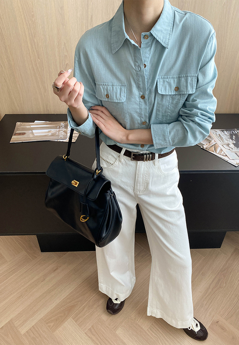 Early Autumn New Tencel Linen Double Pocket Commuter Shirt CA25092506BL