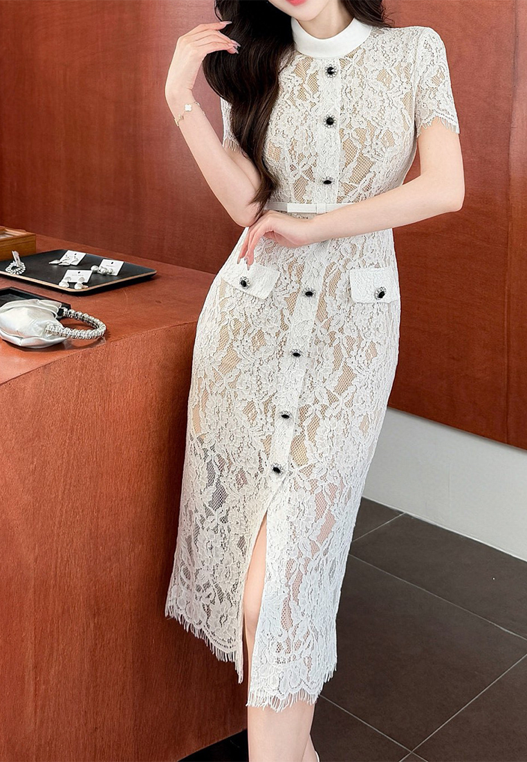 French retro elegant lace single-breasted dress CA25100906W