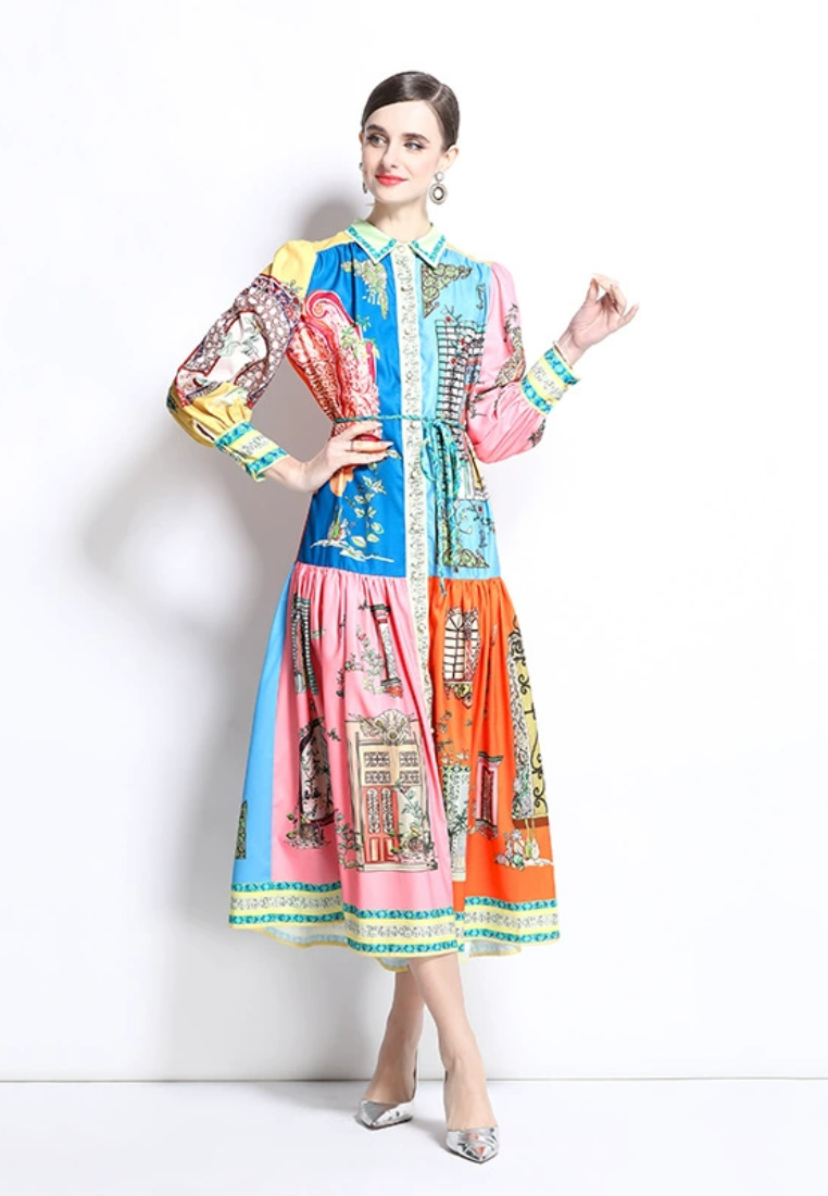 2025 Retro Lantern Sleeve Printed Dress CA25031206MT