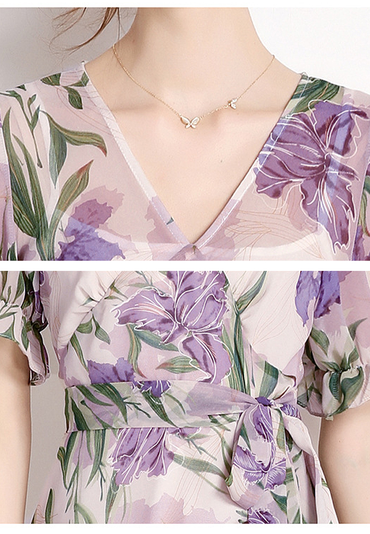 New Purple Temperament Printed Fragmented Flower Dress CA100506