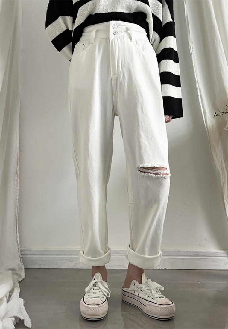 New spring retro high waist washed ripped nine-point jeans CA25022406W