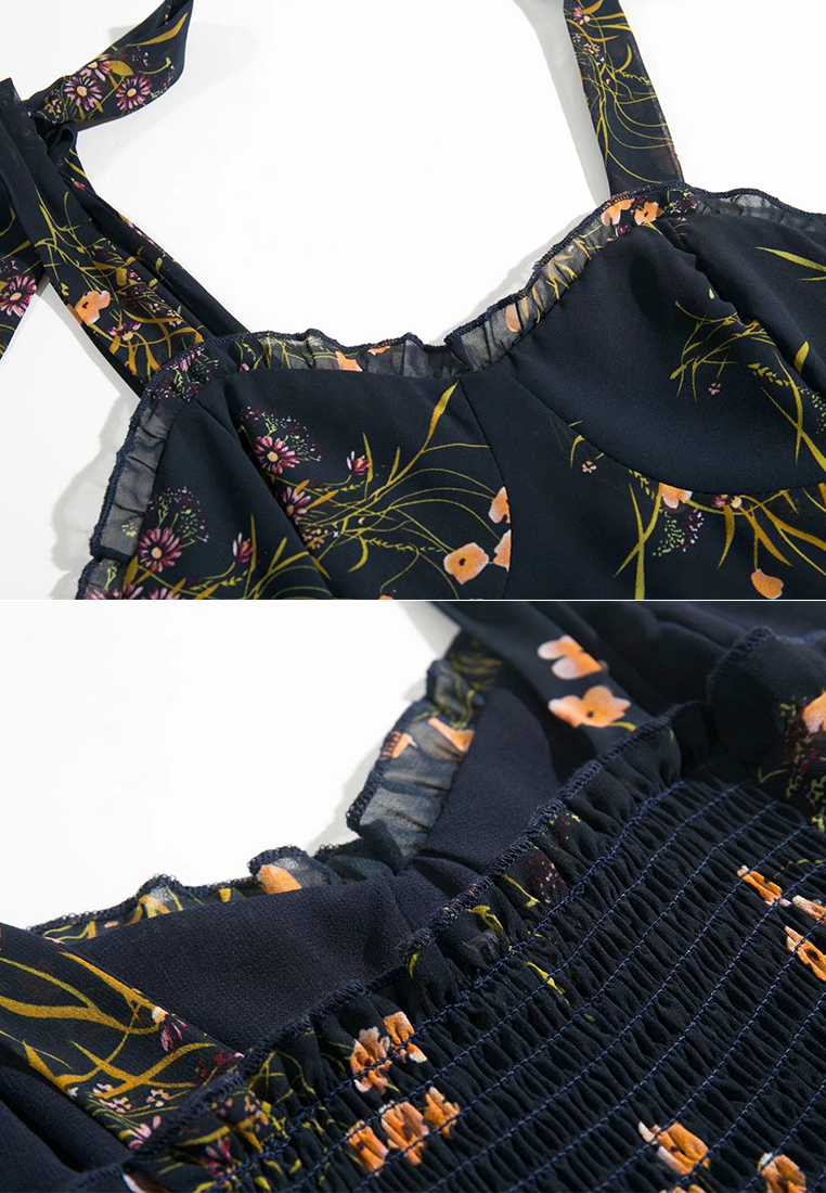 New French retro slim print suspender dress CA25061706BK