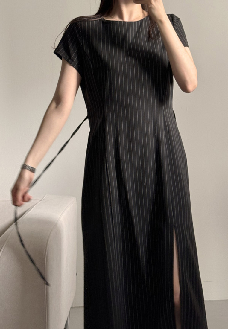 Summer French slim-fit slit striped dress CA25070906BK
