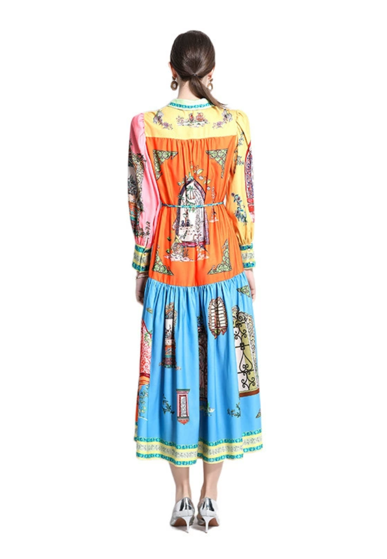 2025 Retro Lantern Sleeve Printed Dress CA25031206MT