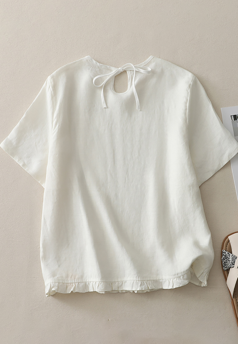 Summer linen tie round neck short-sleeved shirt CA25070906W
