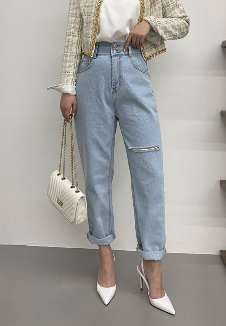 New spring retro high waist washed ripped nine-point jeans CA25022406W