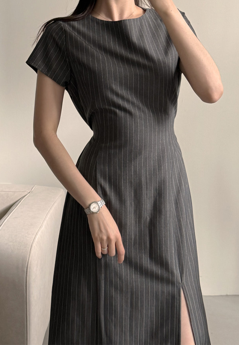 Summer French slim-fit slit striped dress CA25070906BK
