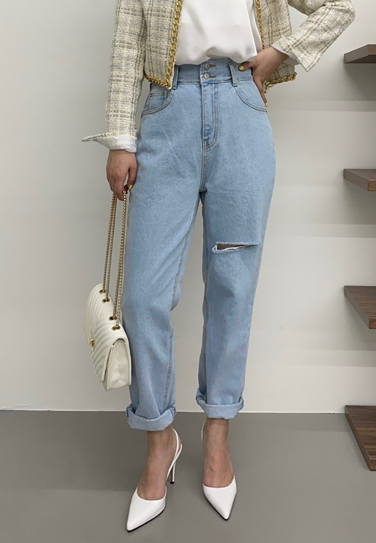 New spring retro high waist washed ripped nine-point jeans CA25022406W