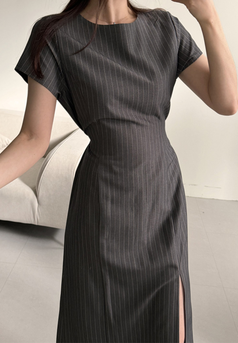 Summer French slim-fit slit striped dress CA25070906BK