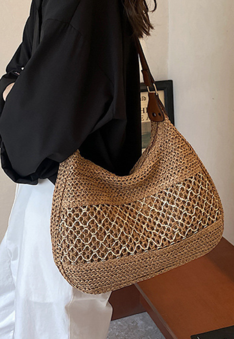 Summer Straw Woven Shoulder Bag Large Capacity Hollow Out Beach Tote K26041401