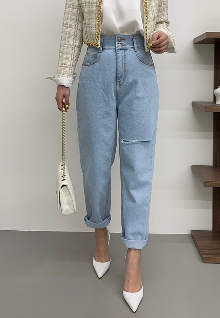 New spring retro high waist washed ripped nine-point jeans CA25022406W