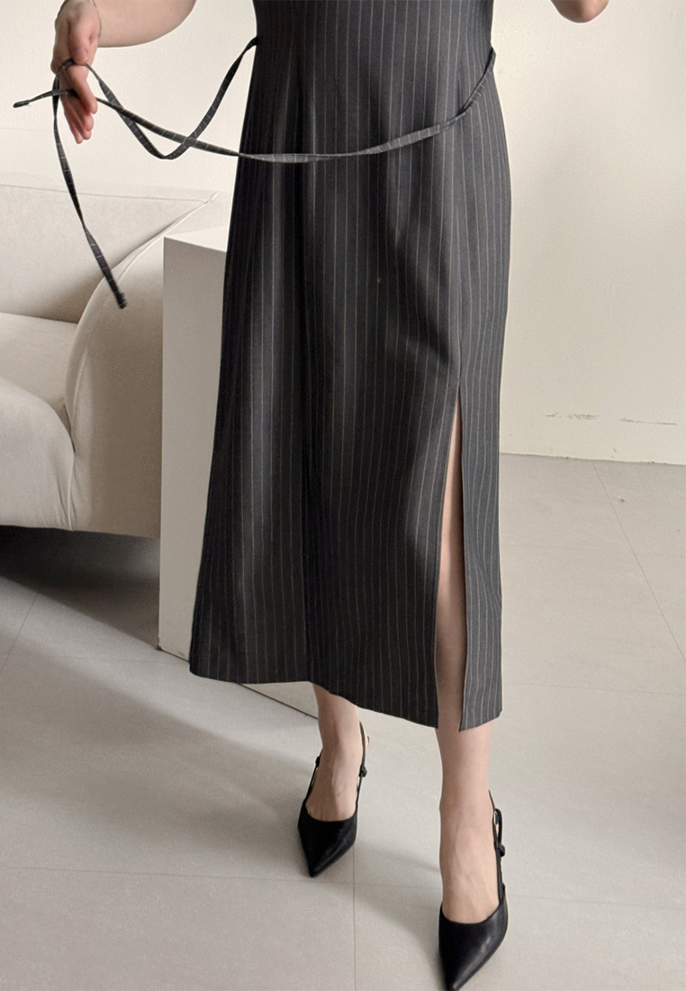 Summer French slim-fit slit striped dress CA25070906BK