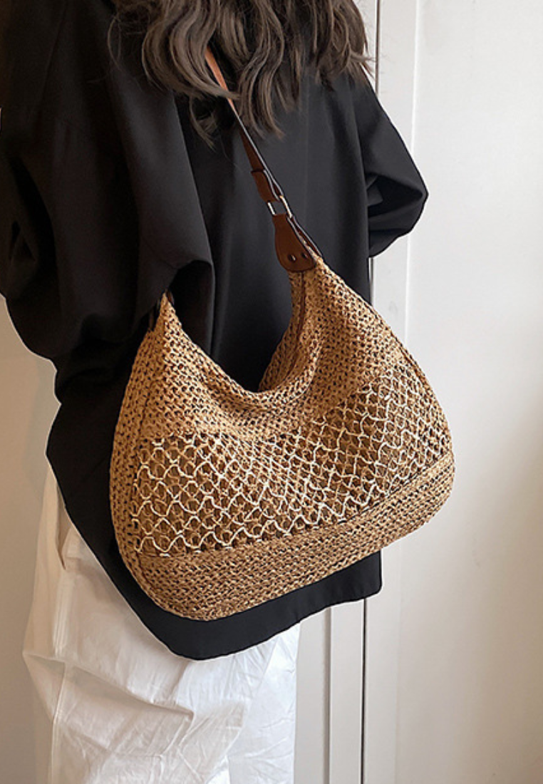 Summer Straw Woven Shoulder Bag Large Capacity Hollow Out Beach Tote K26041401