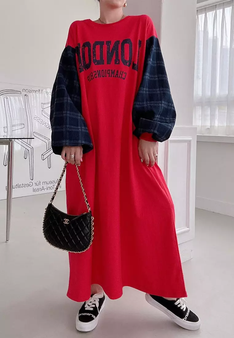 Spliced lantern sleeve printed loose dress CA24092508BK