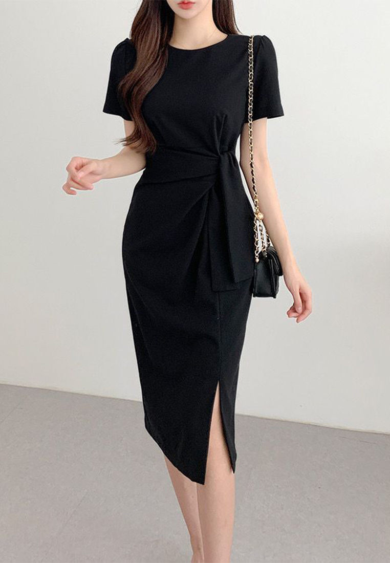 Retro round neck waist bag hip dress CA25032745BK