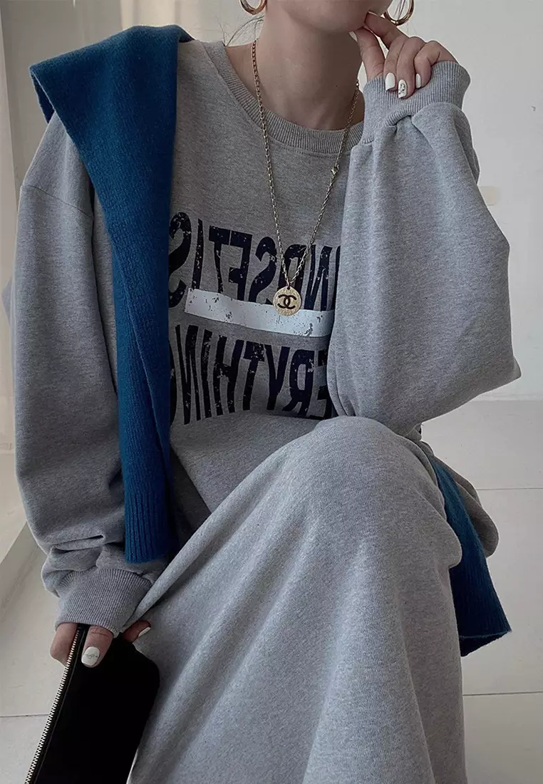 Korean printed patchwork denim loose dress CA24092506GY