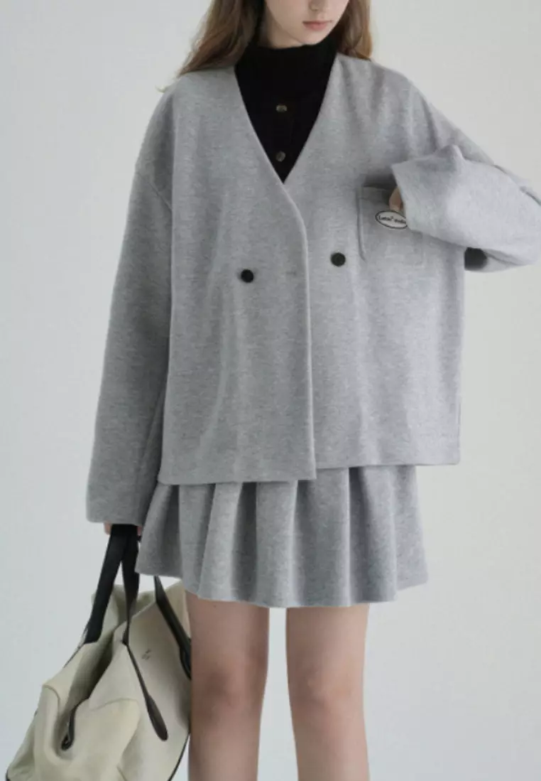 New college style double-breasted V-neck blazer pleated dress set K102308BK