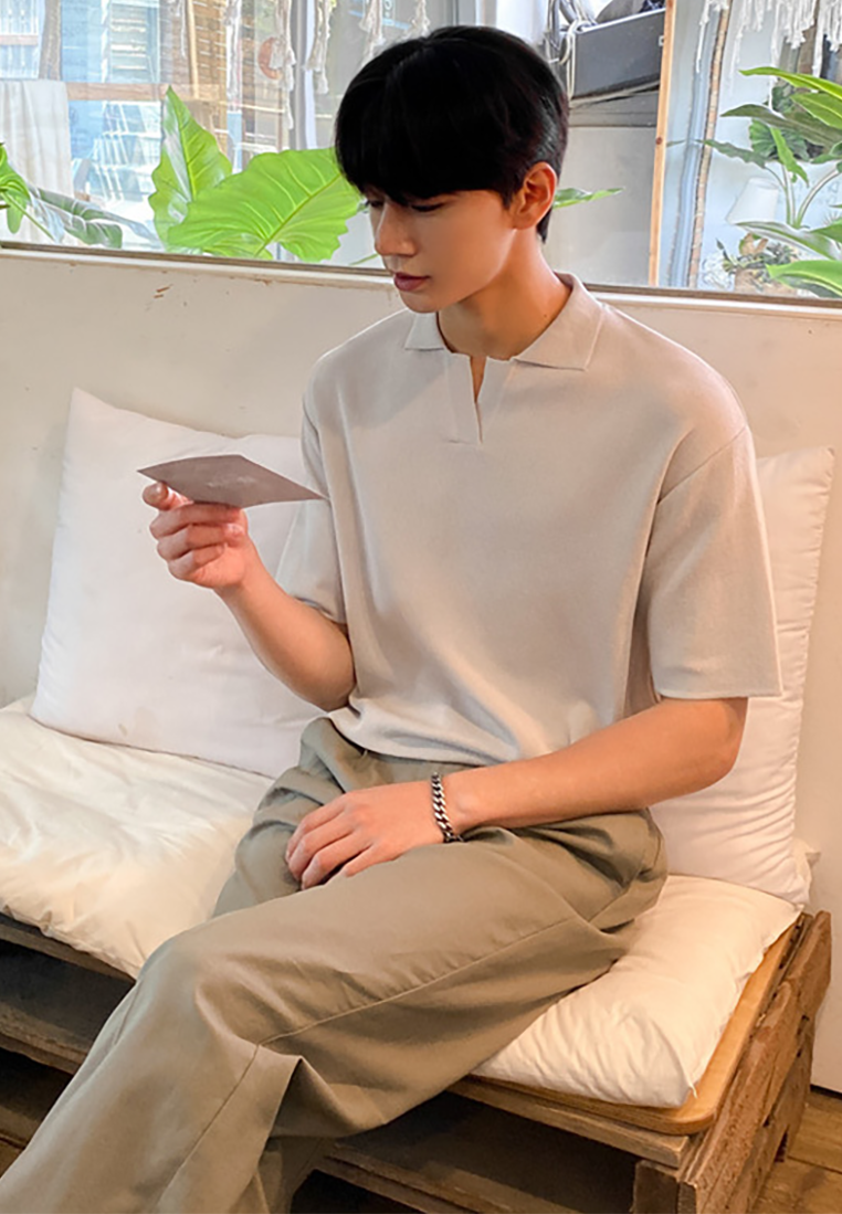 Men's Korean style lapel knitted POLO shirt CA25052361GY