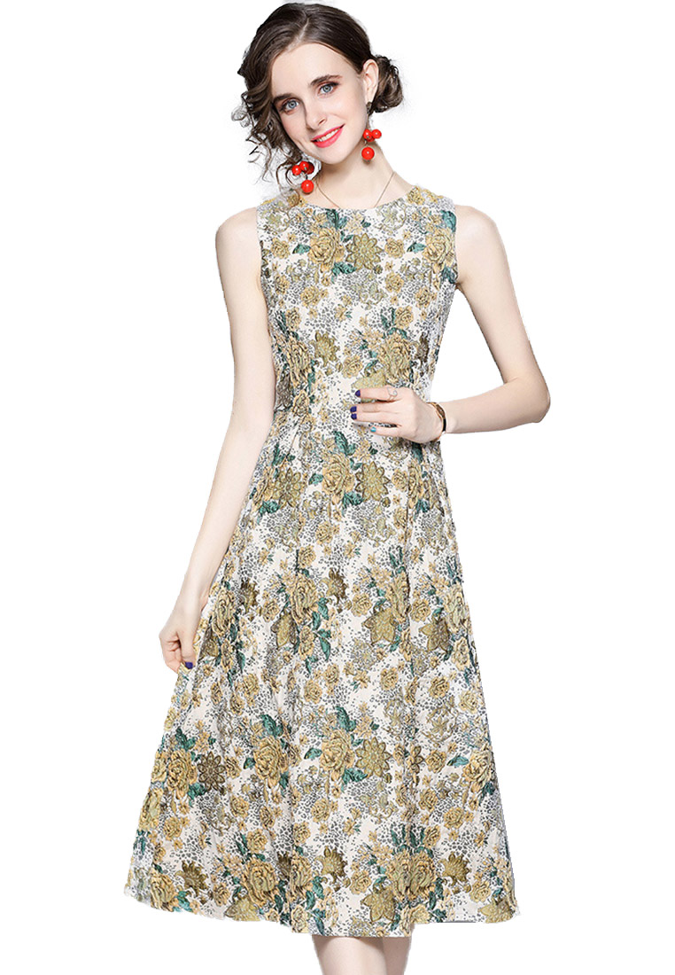 Elegant Sleeveless Jacquard Vest One-Piece Dress A22021615