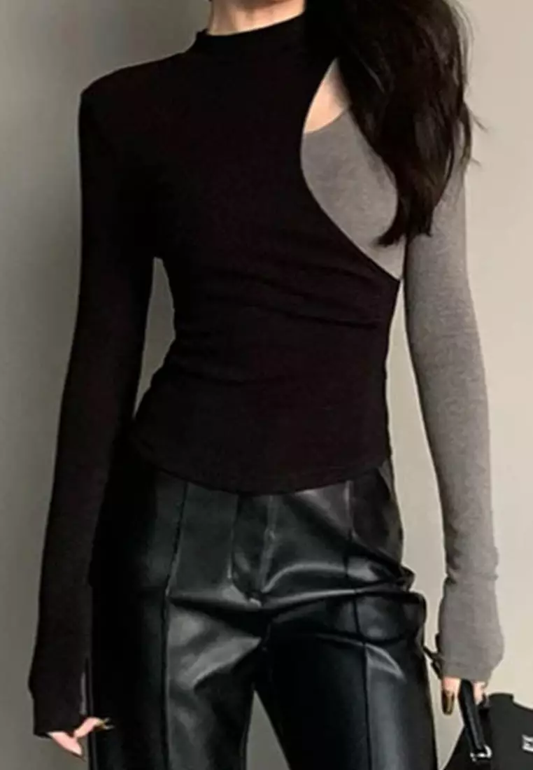 Slim fit color blocking temperament long sleeved shirt CA24092703MT