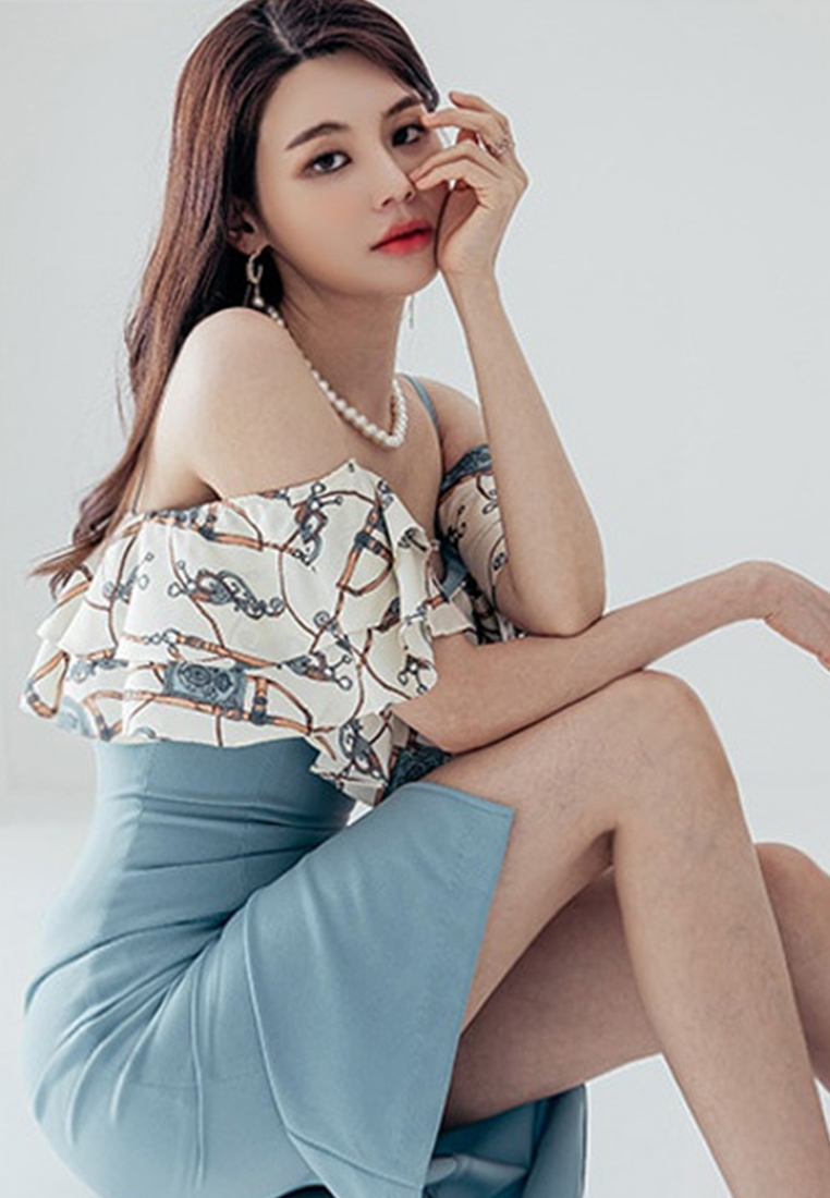 Sexy Suspender Print Ruffled Hip One Piece Dress A22022529BL-S