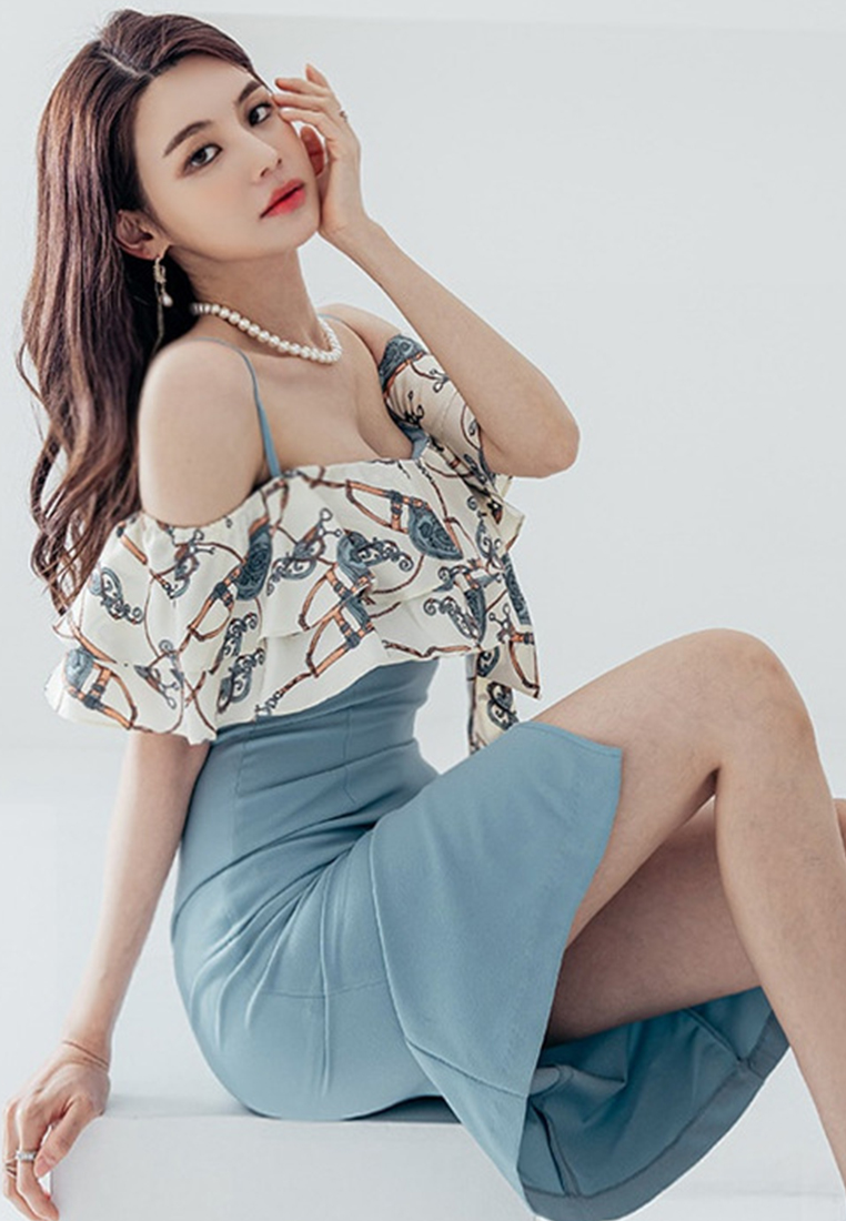 Sexy Suspender Print Ruffled Hip One Piece Dress A22022529BL-S