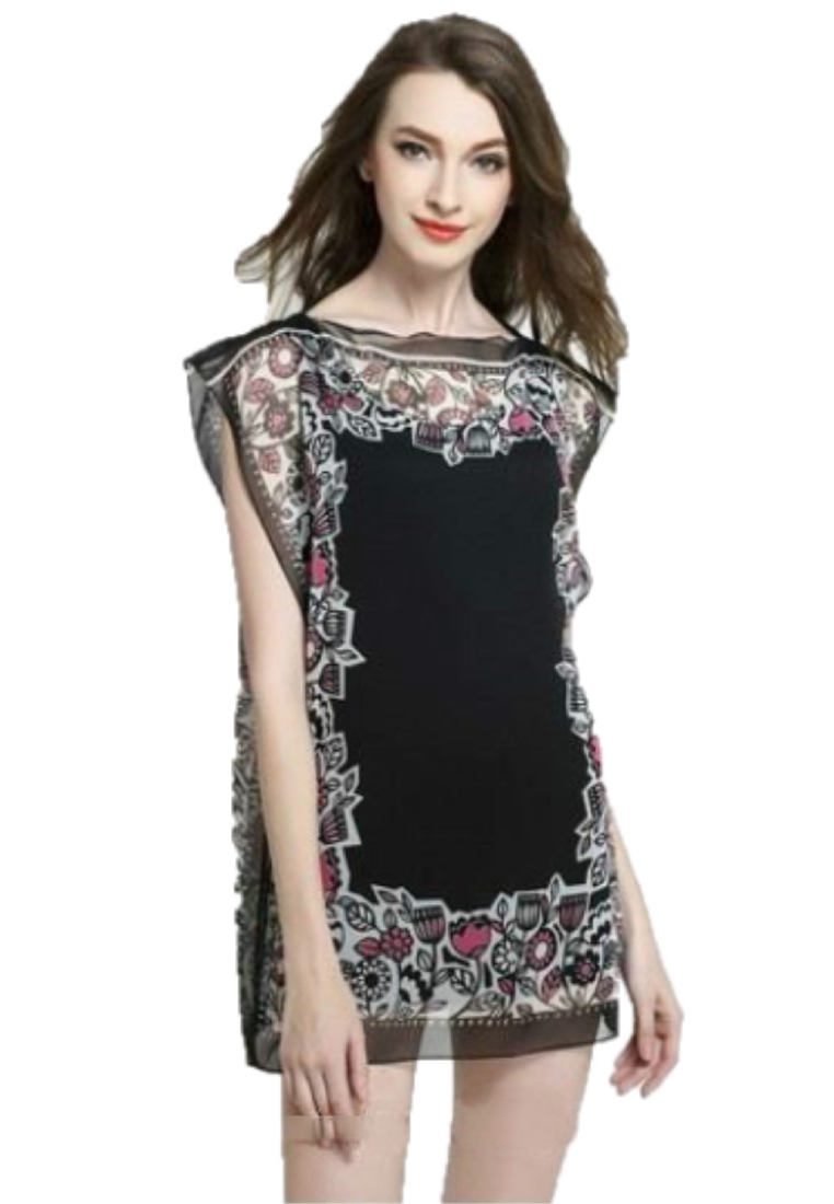 See Through Floral One Piece Dress K20052104BK